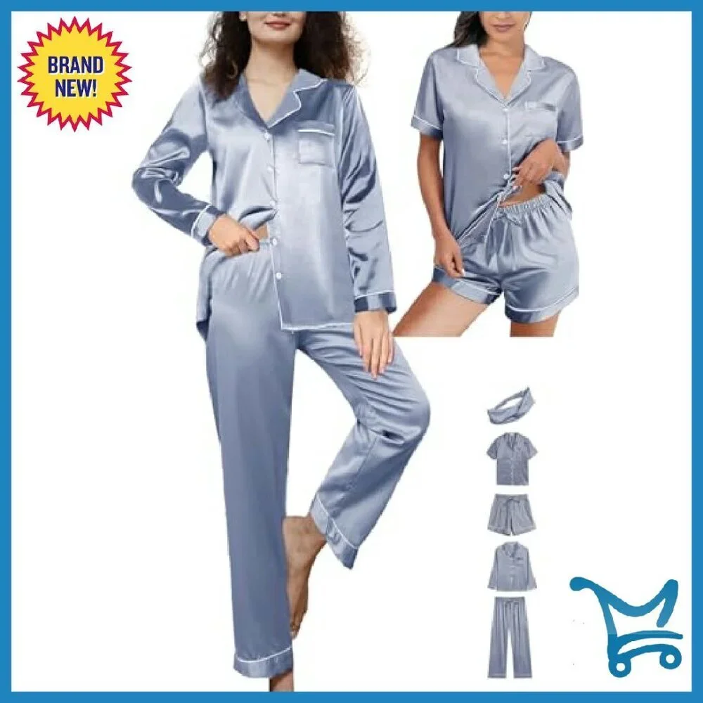 Women's 5-Piece Satin Pajama Set with Headband, XS-2XL